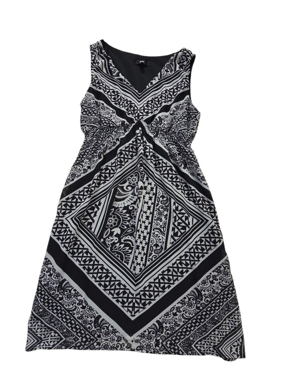 Mossimo black/cream print sleeveless v-neck lined dress, L. EUC.